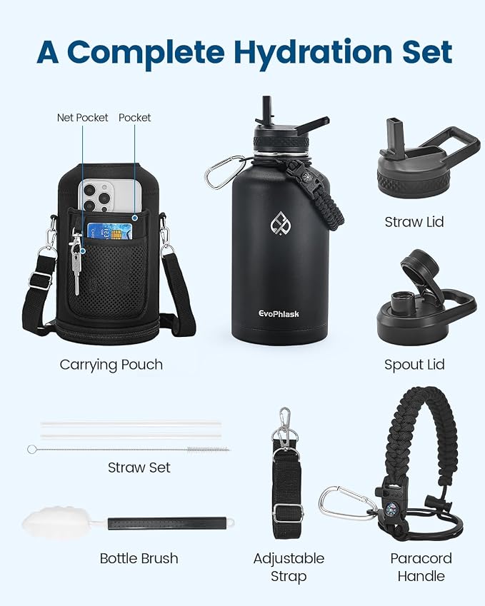 Insulated Water Bottle 64 oz with Carrier Bag, Black | Stainless Steel, Vacuum Insulated Keep Cold 48 Hrs, Half Gallon Large Water Jug, For Travel, Sport, Gym, Hiking