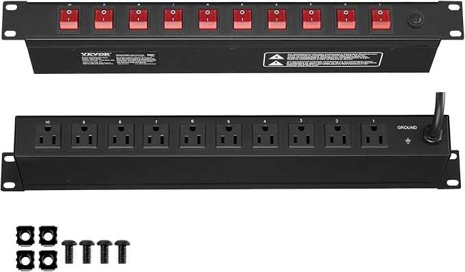 VEVOR 10 Outlet Horizontal 1U Rack Mount PDU Power Strip for Network Server Racks, 10 Individual Led Switches Surge Protection & Overload Protection, 110-125V/15A, with 6ft 14AWG Power Cord