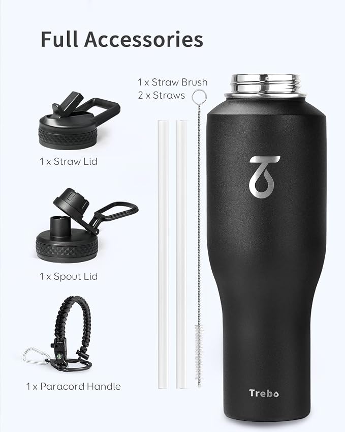 Trebo 40 oz Water Bottle Insulated Fit in Any Car Cup Holder with 2 Lids | Stainless Steel T-shape Tumbler with Paracord Handle, Triple Wall Vacuum Copper Plated, Cold 48 Hrs for Travel, Wide Mouth