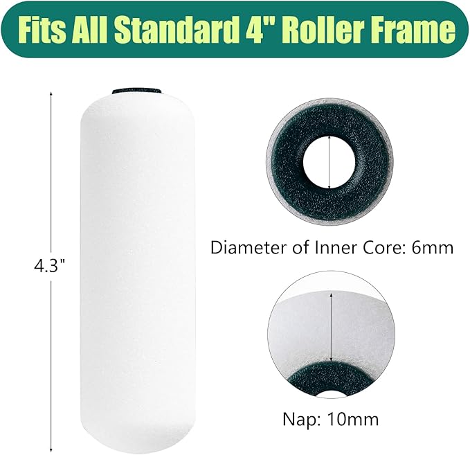 Foam Paint Roller Covers, Small Paint Roller 4 Inch, 10 Pack | Mini Rollers for Painting, Foam Paint Roller Refills for Smooth Finishes on Walls, Cabinets and Doors, Fit 4" Roller Frame