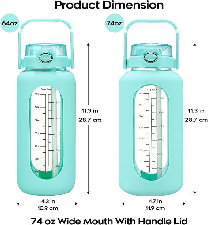 chunmo 74 oz Glass Water Bolttles with Straw Large Motivational Water Bottle with Time Marker Sports Water Bottles with Silicone Sleeve and Handle Lid 2.2L Water Jug for Gym Workout
