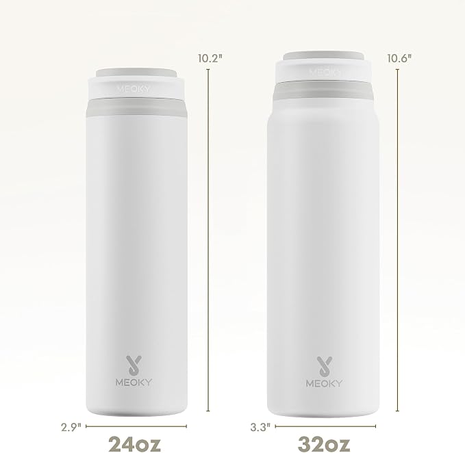 Meoky 24 oz Insulated Water Bottle: Flip-to-Pop Straw, Leak Proof, 24H Cold, Fits in Car Cup Holder, Wide Mouth, BPA-Free, Metal Water Bottle for Travel Sports Gym Backpack, Pearl
