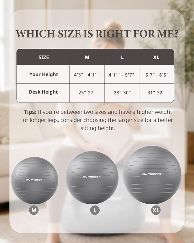 Trideer Exercise Ball, Stability Yoga Ball for Physical Therapy, Active Sitting, Pregnancy & Birth Labor Prep, Core Strength, Balance Training, Posture Improvement and Daily Stretching, 55/65/75cm
