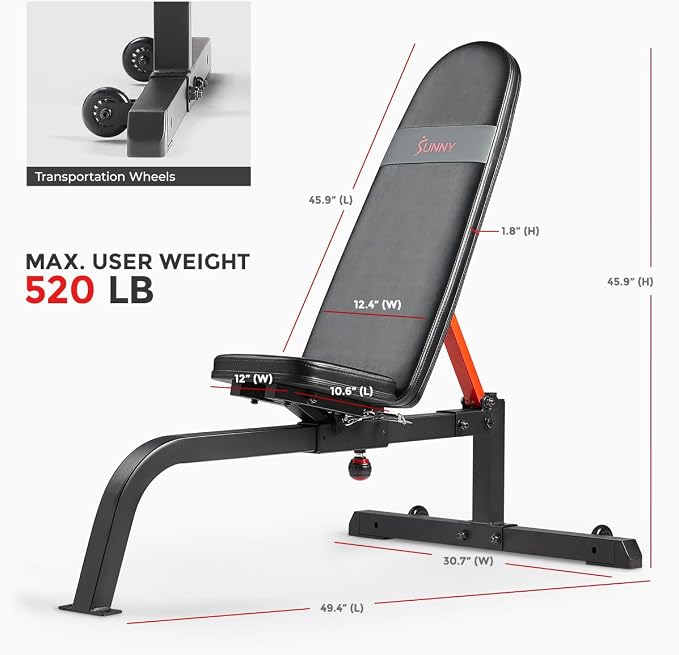 Sunny Health & Fitness Multifunction Adjustable Incline Weight Bench | 520 lb Capacity, Stable Triangular Frame, Multiple Incline Positions, High-Density Padding, Home Gym Training