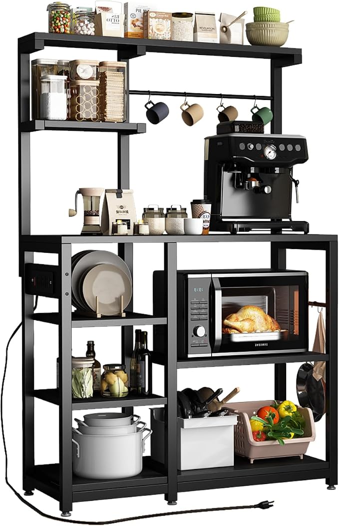 Bakers Rack with Power Outlet, 8-Tier Microwave Cart, Coffee Bar w/ 6 Hooks | 8-Tier Bakers Rack with Power Outlet, Coffee Bar Station & Microwave Cart, Metal Kitchen Storage Shelf with Wheels