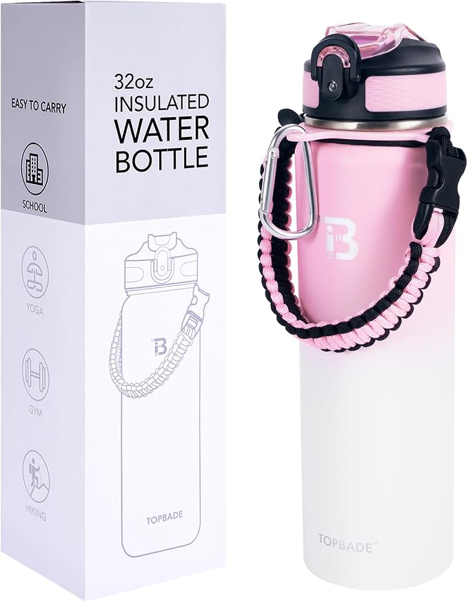 TOPBADE 32oz Insulated Water Bottle with Straw Lid & Spout Lid & Paracord Handle, Stainless Steel Water Bottle Wide Mouth, Double Wall for Women Men Gym Fitness Outdoor