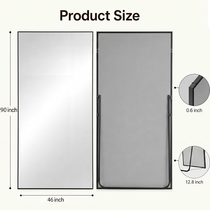 Antok Full Length Mirror, 46"x90" Floor Mirror with Stand, Hanging Mounted Mirrors for Bedroom, Living Room, Cloakroom, Dining Room, Black, Rect