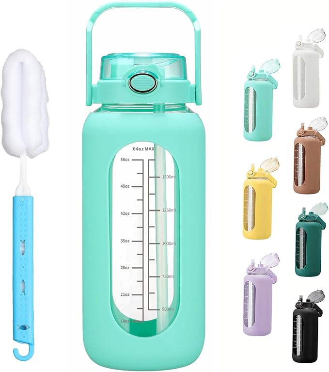 chunmo 64oz Glass Water Bolttles with Straw Half Gallon Large Motivational Water Bottle with Time Marker Sports Water Bottles with Silicone Sleeve and Handle Lid Water Jug for Gym Workout