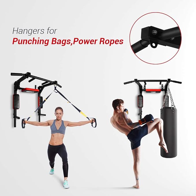 OneTwoFit Multifunctional Wall Mounted Pull Up Bar Chin Up bar Dip Station for Indoor Home Gym Workout, Power Tower Set Training Equipment Fitness Dip Stand Supports to 440 Lbs