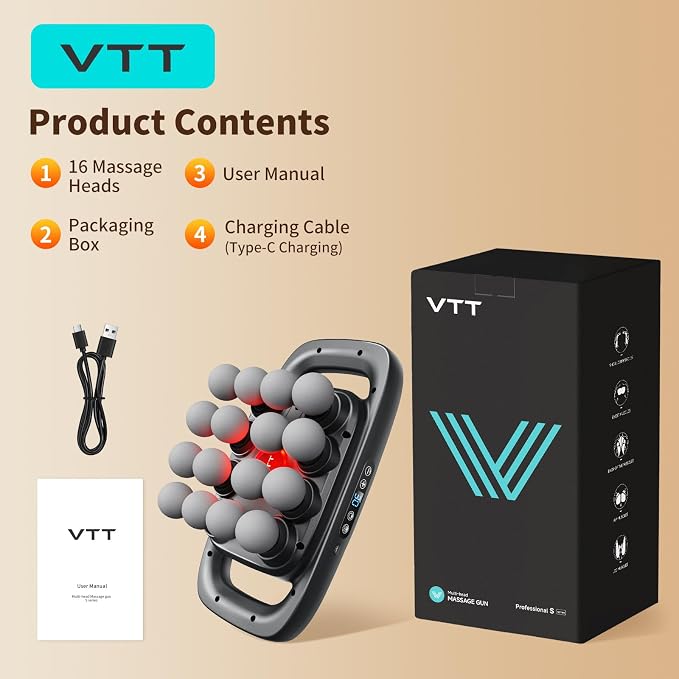 VTT 16 head massage gun deep tissue, Percussion Muscle Massager with 16 Heads, 3 Modes & 30 Intensities,Quiet Handheld Massager for Back Neck Shoulder Legs Muscle Pain Relief