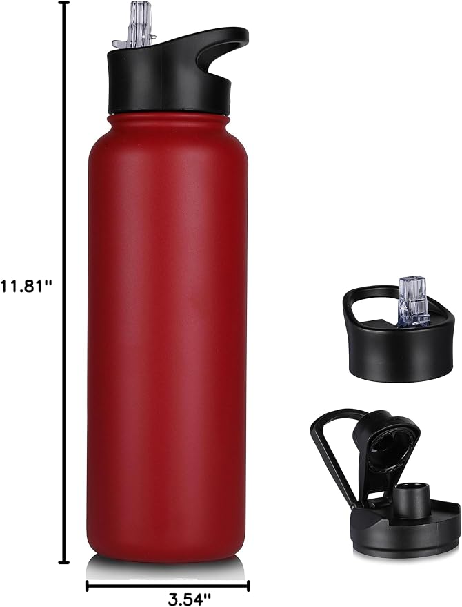 40 oz Insulated Water Bottle with Straw, Stainless Steel Sports Water Bottles with 2 Lids (Straw and Wide Mouth lid), Double Wall Vacuum, Leakproof, BPA-Free, Red