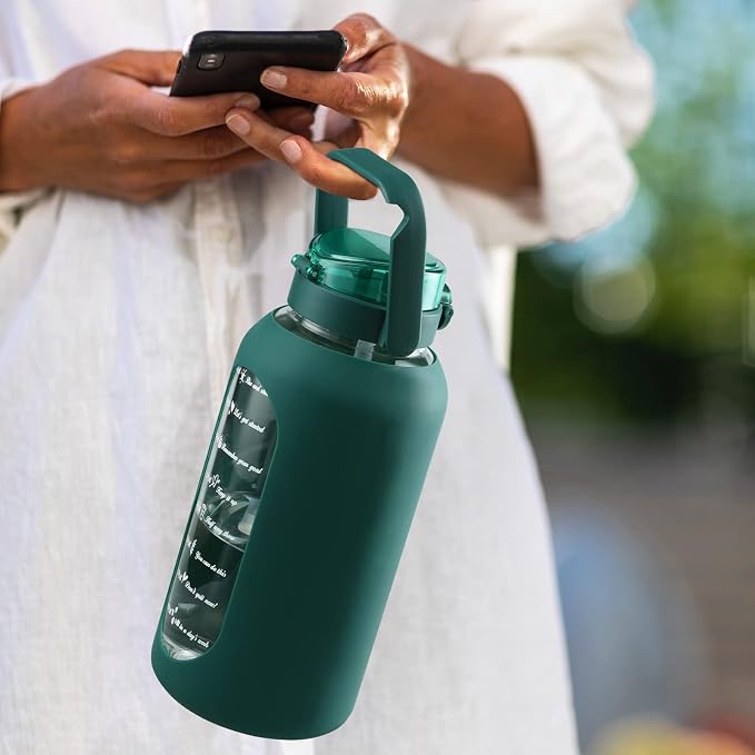 74oz Glass Water Bottle with 2-in-1 Straw Lid Large Gallon Water Bottle with Time Marker & Removable Silicone Sleeve,Wide Mouth BPA-Free Borosilicate Bottle for Gym, Workout & Daily Use