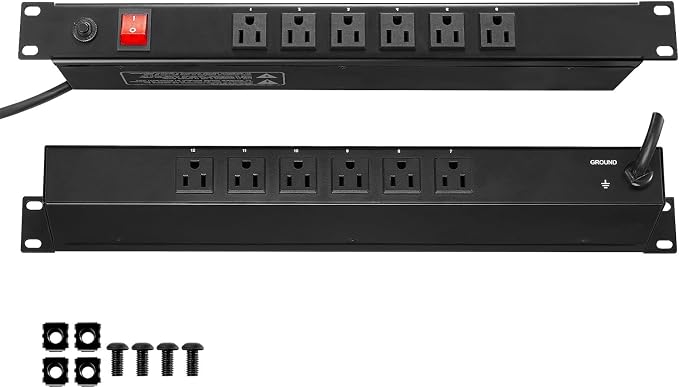 VEVOR 12 Outlet Horizontal 1U Rack Mount PDU Power Strip for Network Server Racks, Surge Protection & Overload Protection, 110-125V/15A, with 6ft 14AWG Power Cord