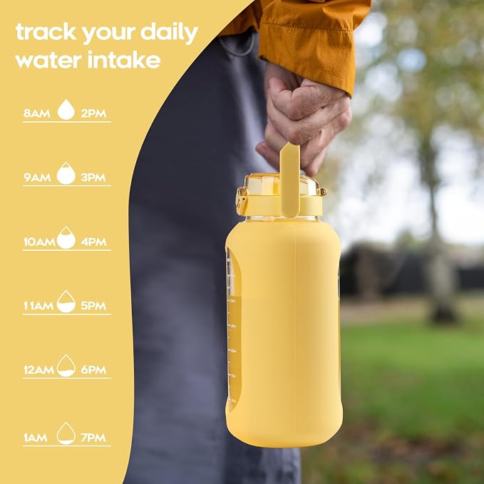 chunmo 74 oz Glass Water Bolttles with Straw Large Motivational Water Bottle with Time Marker Sports Water Bottles with Silicone Sleeve and Handle Lid 2.2L Water Jug for Gym Workout