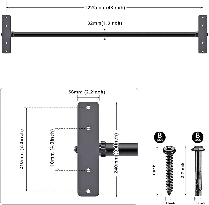 Kipika 48" Ceiling Mounted Pull Up Bar, Heavy Duty Multi-Grip Chin Up Bar,Mounted Pullup Bar, Adjustable Height, Pull Up Bands for Chin Ups & Body Stretching, Ideal for Home Gym and Strength Training