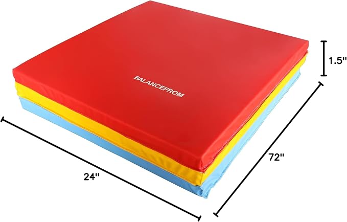 BalanceFrom 6x2 Feet 3-Panel Folding Gymnastics Mat – 1.5-Inch Thick Pad with Vinyl Surface and Carrying Handles for Tumbling, Yoga, Pilates, Home Workouts, and Martial Arts