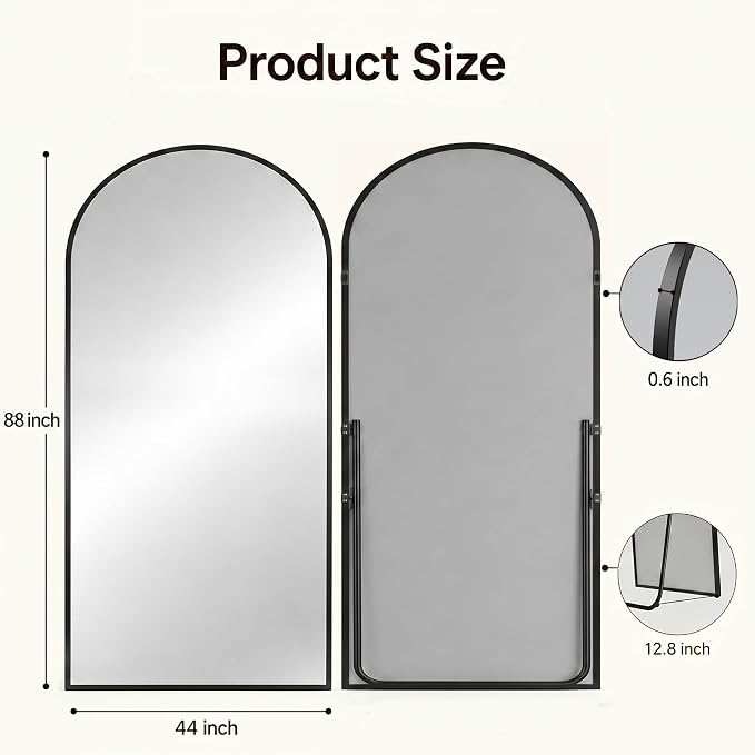 Antok Full Length Mirror, 44"x88" Floor Mirror with Stand, Hanging Mounted Mirrors for Bedroom, Living Room, Cloakroom, Dining Room, Black, Arched