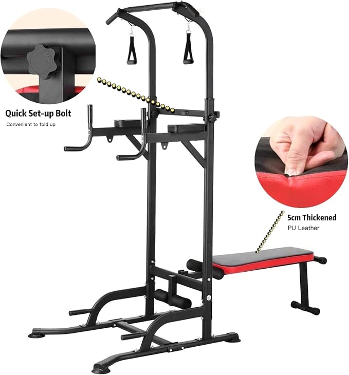 Multi-Function Power Tower with Folding Bench 4 Training Ropes | Pull Up Bar Stand with Adjustable Heights and Angles, Heavy-duty Frame, 400LBS Capacity, Home Gym Full-body Strength Training