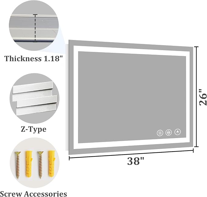 Koonmi 38x26 LED Bathroom Mirror with Light, Anti-Fog, 3 Colors | Backlit + Front Lit, Dimmable Brightness, Shatterproof HD Distortion-Free Tempered Glass, Hardware Included
