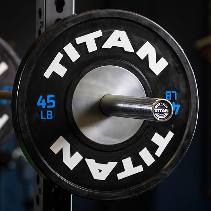 Titan Fitness Elite Competition Bumper Plate, Color-Coded Weight Indicators, Olympic Weight Plate, Low Bounce Rubber Exterior with Steel Core