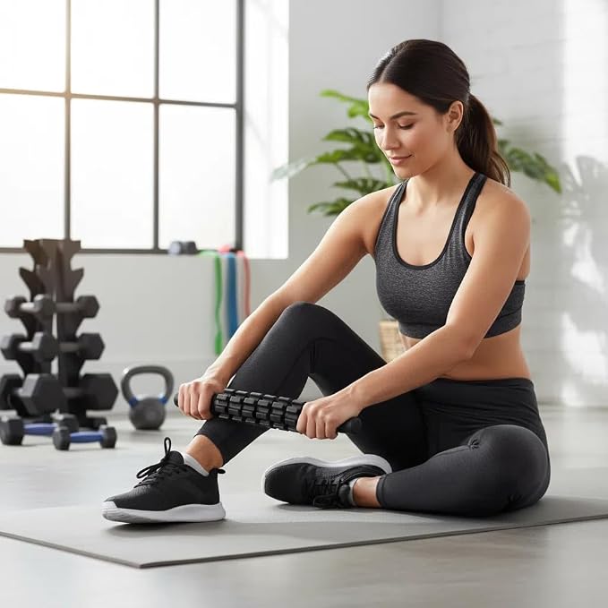 Aucuu 6 in 1 Foam Roller Set Includes Hollow Core Massage Roller, Yoga Stick, Massage Ball, Fitness Stretching Strap, Carrying Bag, Towel, Massage Roller (Black)