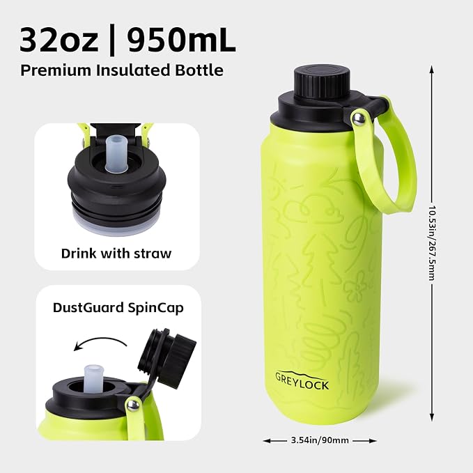 GREYLOCK 32 oz Insulated Water Bottle with Straw Lid, Leakproof Reusable Stainless Steel Vacuum Flask, 24hr Cold & Hot, Carry Handle & Silicone Spout, BPA-Free for Gym, Hiking, Travel,Green