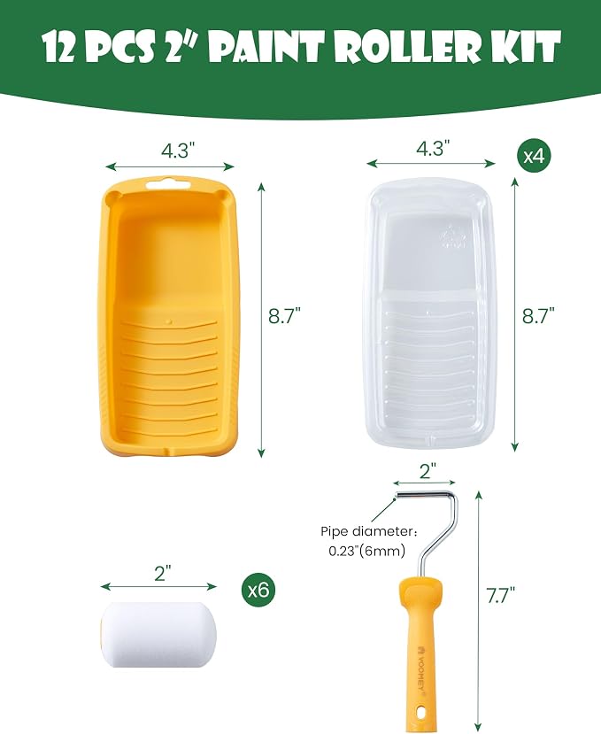 Voomey Foam Paint Roller, 2 Inch Mini Paint Roller Kit 12 Pack | Small Paint Rollers with Tray and Roller Frame for Touch Up Painting Wall, Door, Cabinet