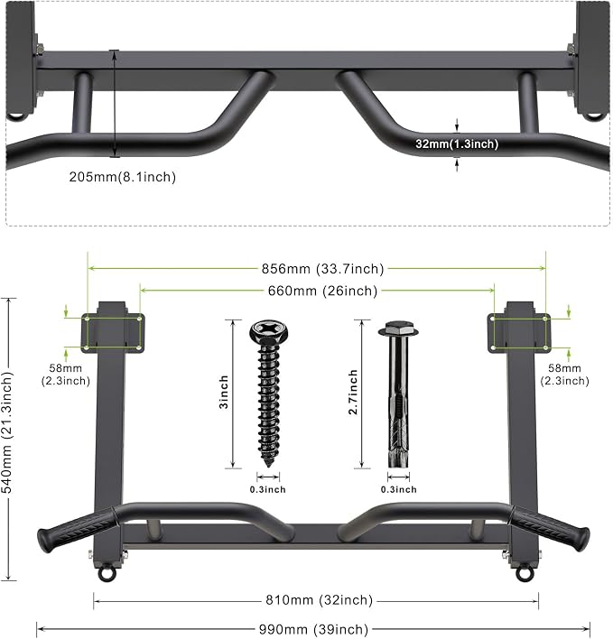 Kipika 32" Ceiling Mounted Pull Up Bar - Heavy Duty, Highly Adjustable, Multifunctional Chin Up Bar - Home Gym System with Punching Bag Hanger and Resistance Bands Training