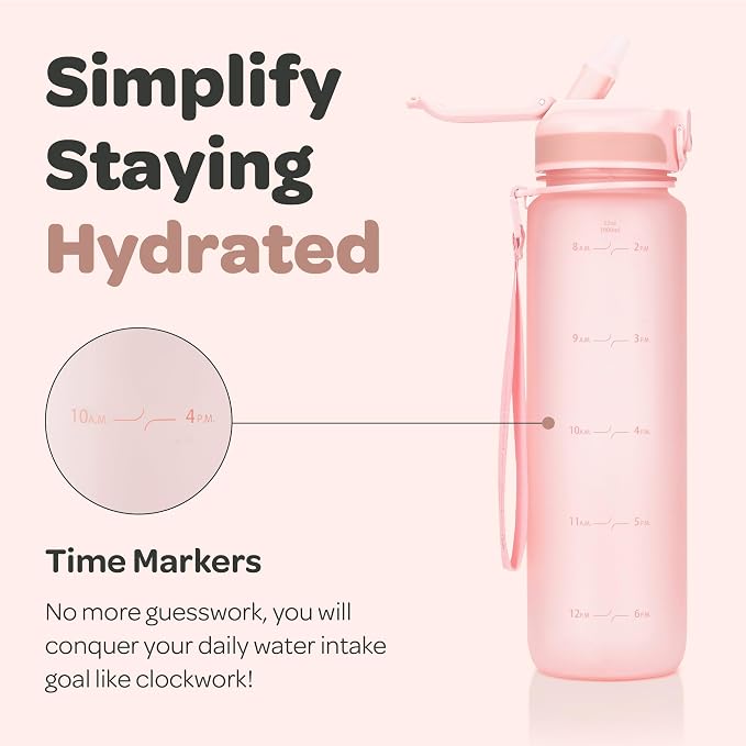 Hydracy Motivational Water Bottle with Time Marker and Straw Lid 32 oz | Leakproof,BPA Free,No Sweat Neoprene Sleeve,Carry Strap,Daily Intake Tracking for Fitness & Outdoors
