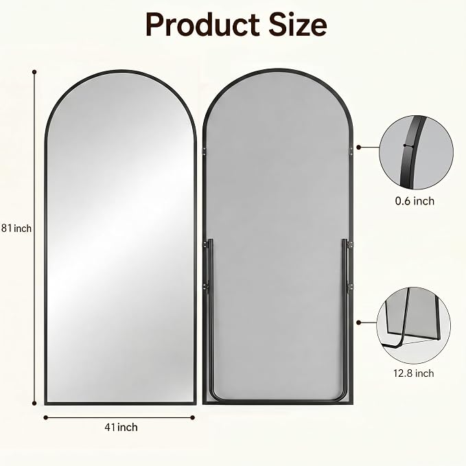 Antok Full Length Mirror, 81"x41" Floor Mirror with Stand, Hanging Mounted Mirrors for Bedroom, Living Room, Cloakroom, Dining Room, Black, Arched