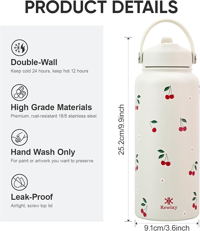 32 oz Insulated Water Bottle with Straw, Leak Proof Water Bottle Stainless Steel with Flip Straw and Handle, Metal, Reusable, Wide Mouth, for Travel, Gym and School (Cream Cherry)