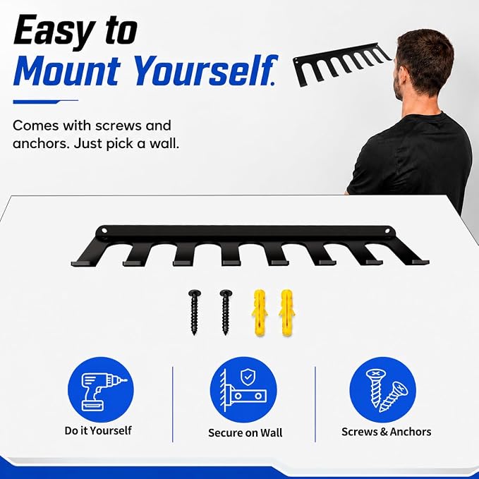 Gym Home Rack 8 Hook Heavy-Duty Wall-mounted Organizer Multi-Purpose Workout Gear Wall Hanger Storage for Resistance Bands Jump Ropes Lifting Belt Fitness Bands Barbells Carabiners Included