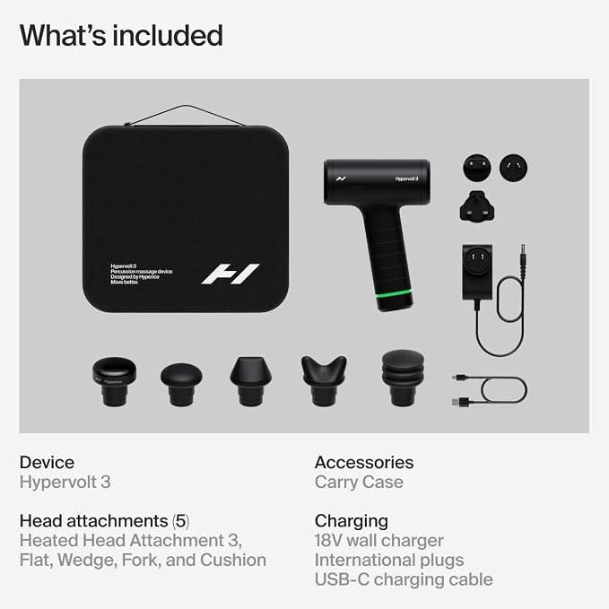 Hyperice Hypervolt 3 Percussion Massage Gun Heated Head Premium Carry Case | Loosen Tight Muscles | Five Speed Control Settings | Quiet Performance | Heated Head | Pressure Sensor Tech | 4 Hour Battery