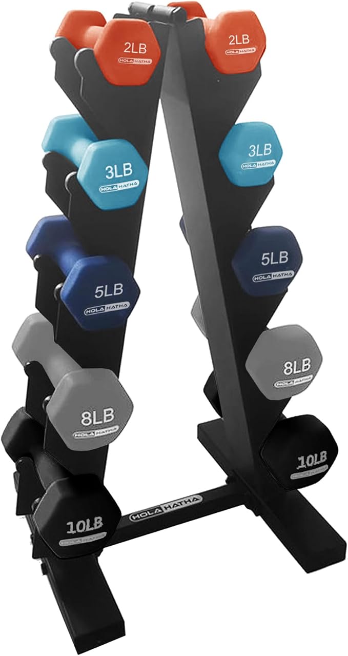 HolaHatha 1, 2 and 3 lb Neoprene Dumbbell Strength Training Weight Set with Rack