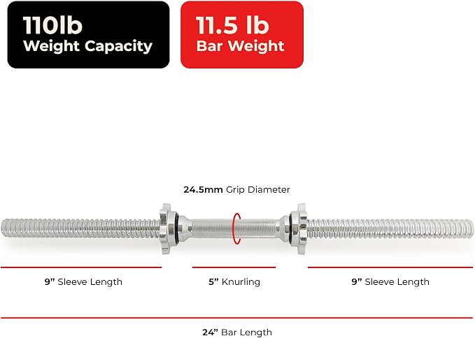 Sunny Health & Fitness Threaded Dumbbell w/Star-Lock Collars, 14"- 24" Pair | 1" Plate Compatible, Chrome Handle, 110 lb Capacity, 25mm Knurled Grip, Star-Lock Collars, Home Gym Training