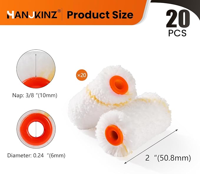 2 Inch Microfiber Paint Roller Kit, 20 Pack | Includes 20 Microfiber Covers with 3/8" Nap, Ideal for Walls, Doors, Cabinets, and Crafts, Mini Size for Touch-Up Work