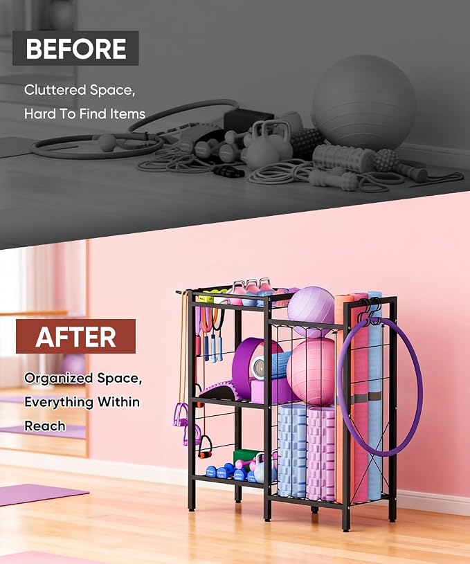 3 Tiers Dumbbells Yoga Mat Storage Rack with Elastic Straps for Kettlebells Foam Roller Resistance Bands Balls, Workout Equipment Organizer Weight Storage Holder with Hooks for Home Gym