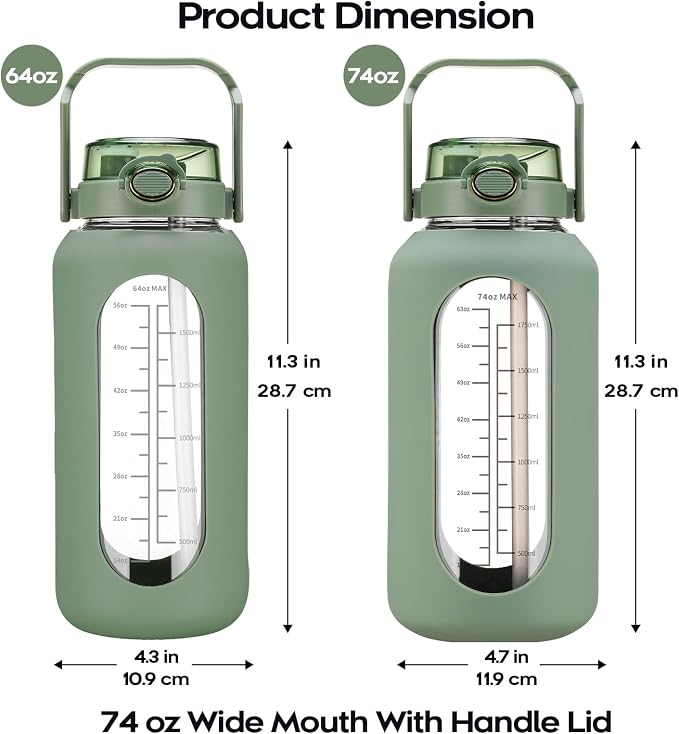 chunmo 74 oz Glass Water Bolttles with Straw Large Motivational Water Bottle with Time Marker Sports Water Bottles with Silicone Sleeve and Handle Lid 2.2L Water Jug for Gym Workout