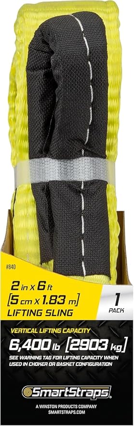 SmartStraps 2”x6’ Nylon Webbing Sling (1pk) – 6,400lb Vertical Lifting Capacity – Safely Lift Heavy Loads, Made with Strong Flexible Webbing, Small, Yellow
