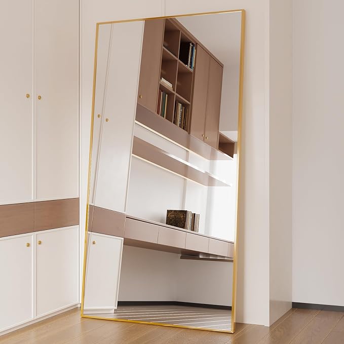 Beauty4U 76" x 37" Full Length Mirror with Stand, Gold Large Floor Mirror | Standing, Leaning, or Wall-Mounted Tempered Glass Full Body Mirror with Metal Frame for Bedroom, Closet, Modern Home Decor