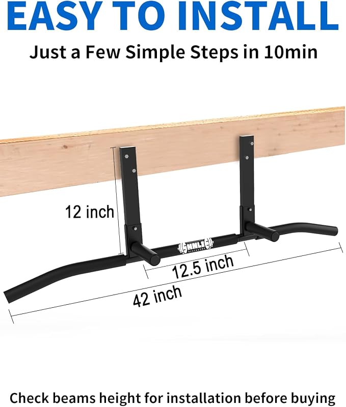 Joist Mounted Pull Up Bar, Ceiling Mount Chin Up Bar for Home Gym, Beam, Rafter, Easy installation, 42" Wide Bar