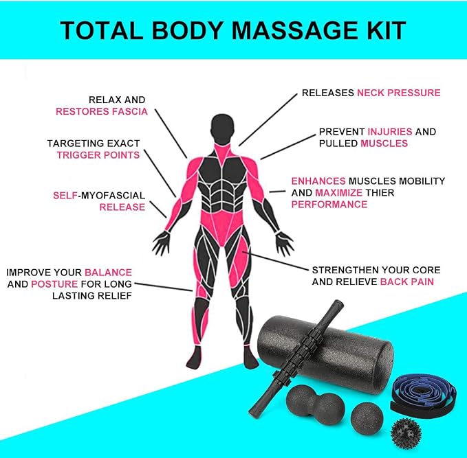 Foam Roller Set - High Density Back Roller, Muscle Roller Stick | Foot Fasciitis Ball, Stretching Strap, Massager Ball for Whole Body Physical Therapy & Exercise, Back Pain, Leg, Deep Tissue
