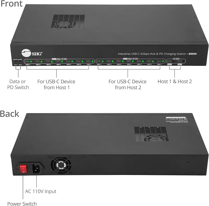 SIIG Industrial 16-Port 600W USB-C PD Charging Station, ID-US0B11-S3 | Charge 16 USB-C devices and transfer data at 5Gbps; two 100W ports, 14 30W ports and auto fan support IT fleets.