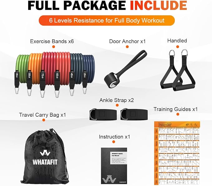 WHATAFIT Resistance Bands, Exercise Bands with Handles, Workout Bands for Working Out, Fitness Bands Set for Home Gym Full Body Strength Training, Muscle Tone, Yoga & Stretching