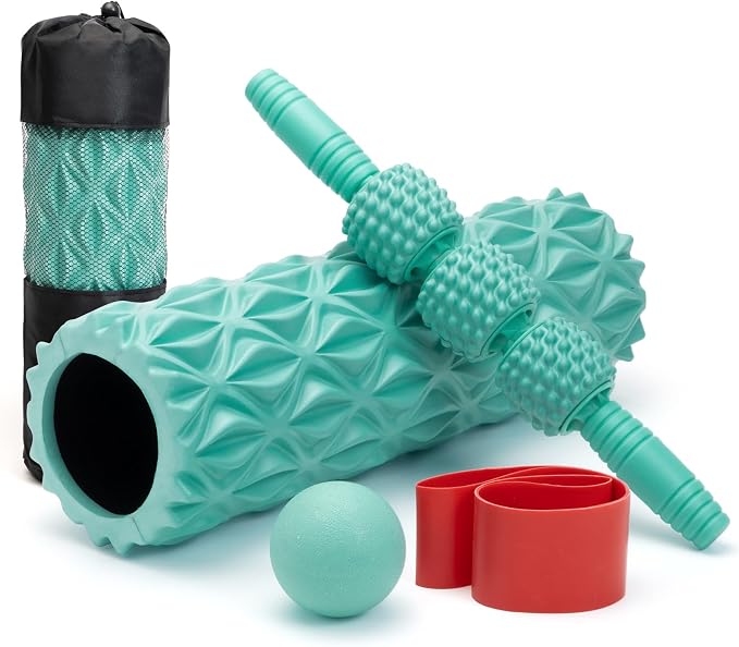 5 in1 Foam Roller Set High Density 15" Foam Roller for Muscle Recovery | Deep Tissue Muscle Massage Foam Roller for Exercise, Massage Roller, Massage Ball, Stretching Strap, for Whole Body Aqua