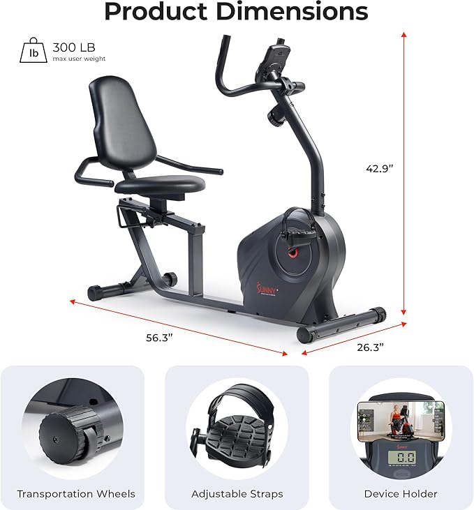 Sunny Health & Fitness Smart Recumbent Bike, Wide Cushioned Seat & Back, Indoor Cycling Machine for Adult/Seniors Home Exercise, Free SunnyFit App Connection
