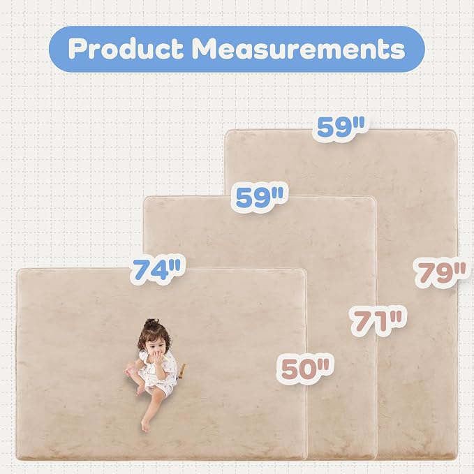 1.3" Thick Baby Floor Play Mat 50x74, Basic Padded Foam Mat for Tummy Time Crawling, Non Slip Cushioned for Babies Toddlers Infants Kids (Beige)