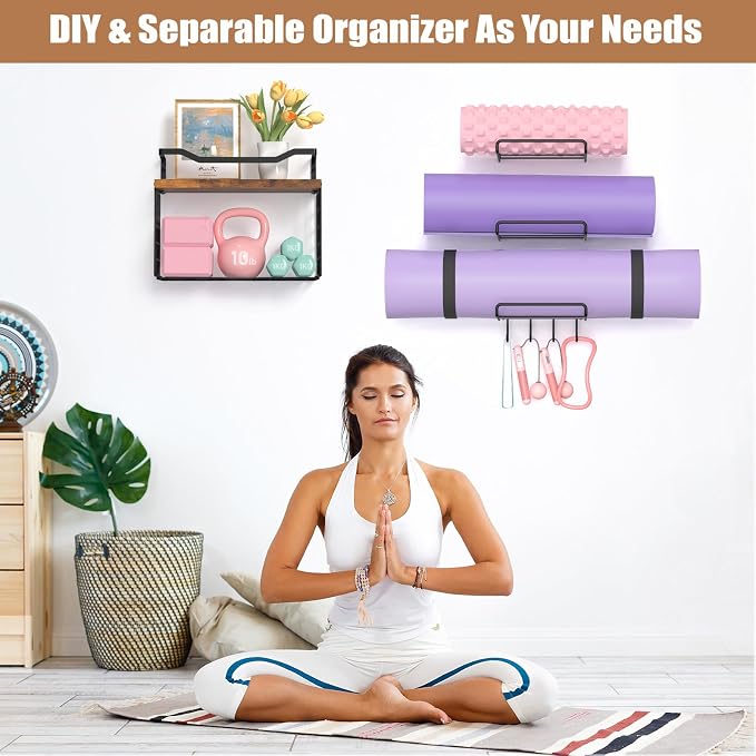 Yoga Mat Holder Wall Mount, Yoga Accessory Mats Storage Rack , Home Gym Accessories Organizer Storage With Wood Floating Shelves, Storage Basket and 4 Hook For Hanging Yoga Strap & Resistance Bands