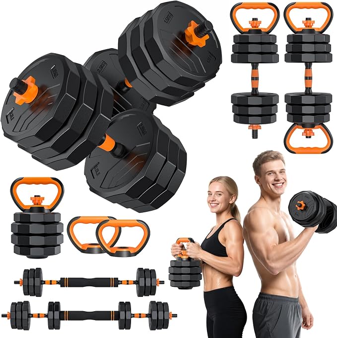 5-in-1 Adjustable Dumbbell Set, 33/44/66/88lbs Free Weights Set with Connector, Used as Kettlebells, Barbell, Push up Stand, Standard 1" Plates, Fitness Exercises for Home Gym Suitable Women/Men