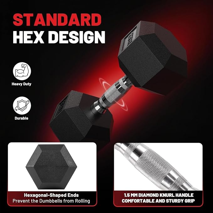 PAPABABE Dumbbell Set with Rack Dumbbells Rubber Encased Home Gym | PAPABABE Complete & Durable Cast Iron Core Odorless PVC Antiroll Hex Shape Ergonomic Chrome Handle Versatile Home Gym